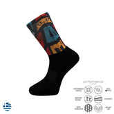 Κάλτσες τρεξίματος με εκτύπωση free design printed crew σε μαύρο χρώμα με πολύχρωμα γεωμετρικά σχέδια, ιδανικές για δρόμο και trail.